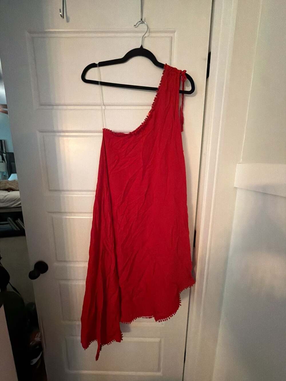 Red Carter One Shoulder Pom Pom Trim Dress Size XS